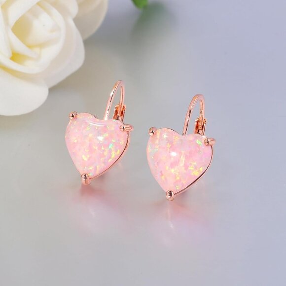 Heart Opal Earrings Leverback Drop Jewelry for Sensitive Ears Fashion Gift - Picture 5 of 8